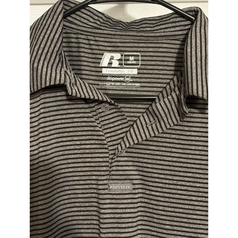 Russell Men's Polo Shirt Size Medium, Gray with Black Stripes, Size M
